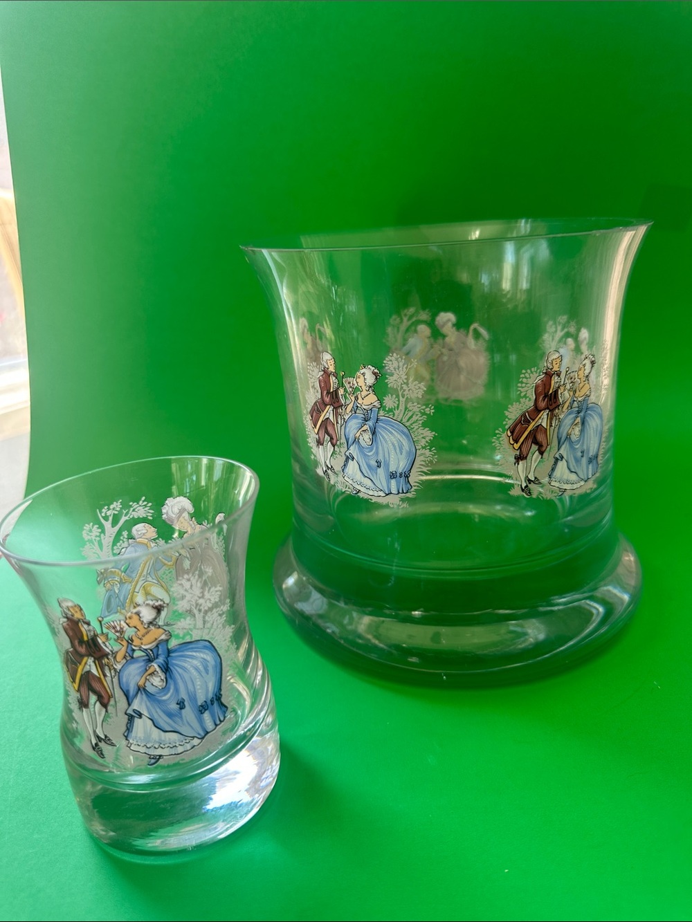 Vintage Style Etched Glass Punch Bowl Set with Romantic Couple Motif